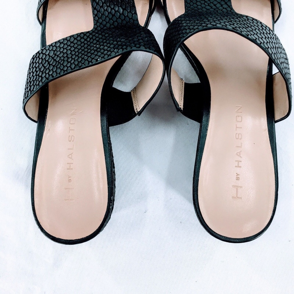 H by Halston Leather Wedge Sandal Black Snake Embossed Slide On Cut Out Sz 7.5 - Picture 9 of 12